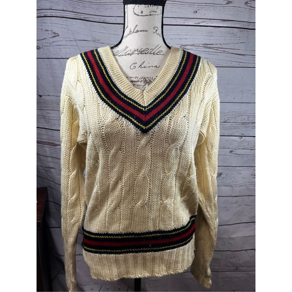 Vintage A.E. Clothier Cable Knit Cricket Sweater V Neck Striped‎ Trim 36